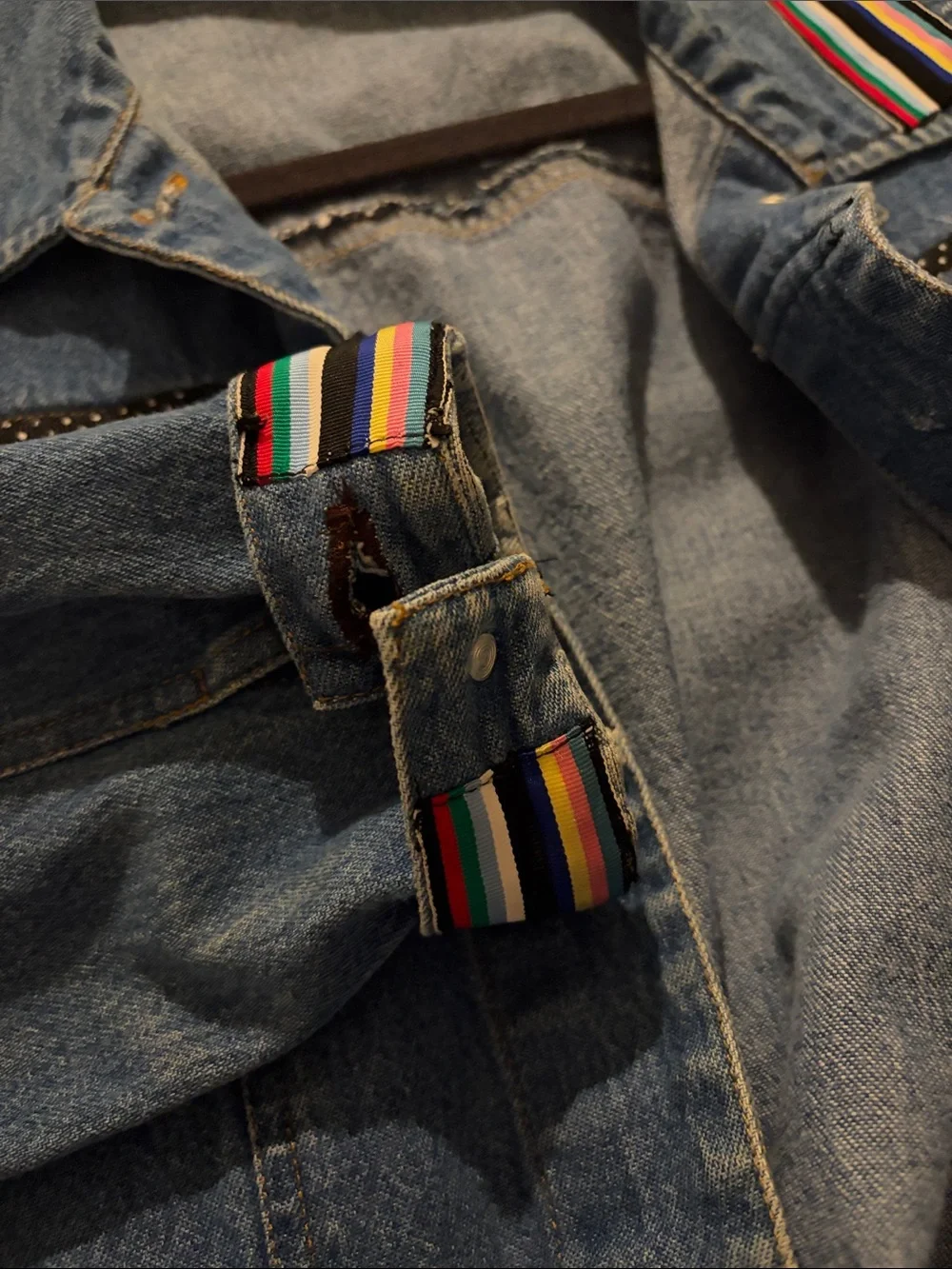 Liza Byrd Blue Denim Jacket with Multicolor Striped Trim